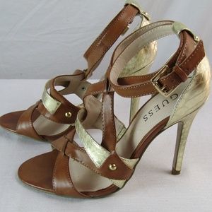 Guess Shaday Brown Gold Open Toe Stilettos Sz 6.5